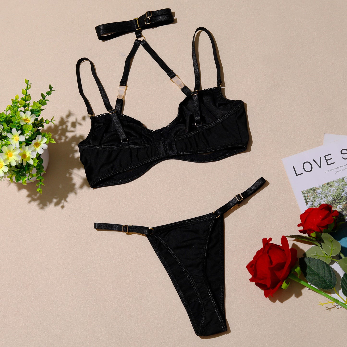 Sexy black stitching Bra set