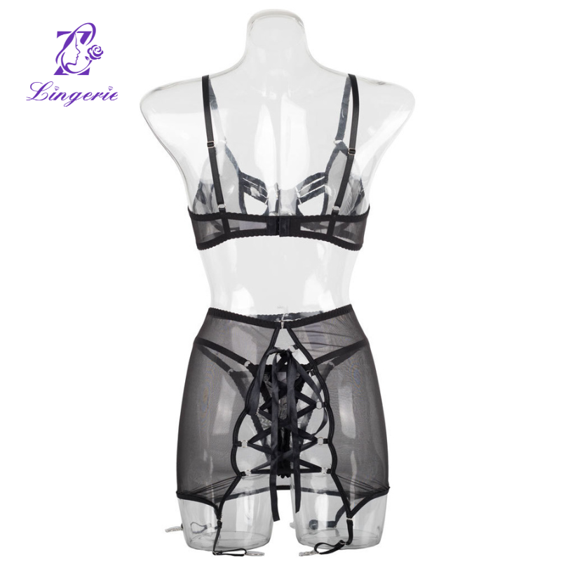 Mesh complex craft pants waist skirt garter buckle erotic lingerie with steel ring gathered three-piece set