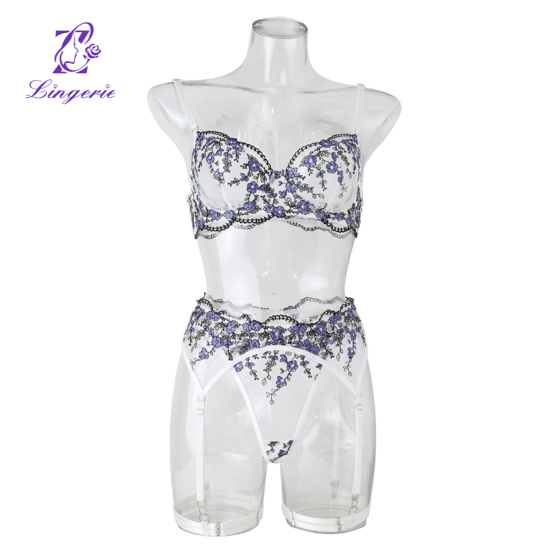 Floral embroidery see-through mesh sexy lingerie set of four