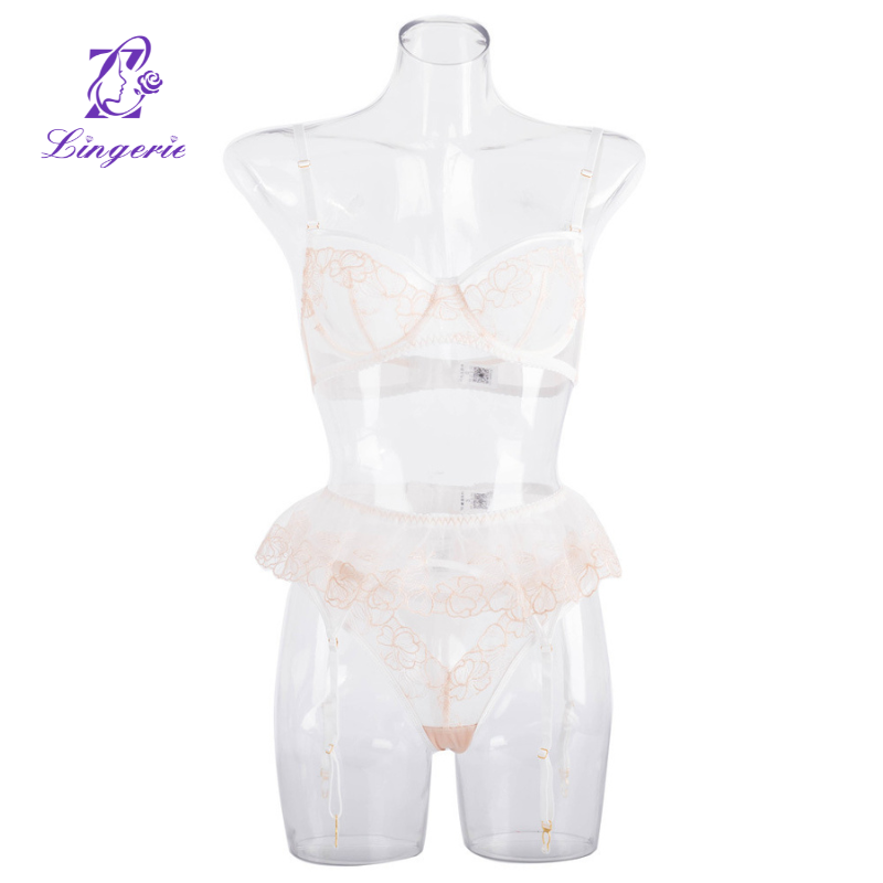 Embroidered garter belt steel ring sexy erotic lingerie three-piece molded split set