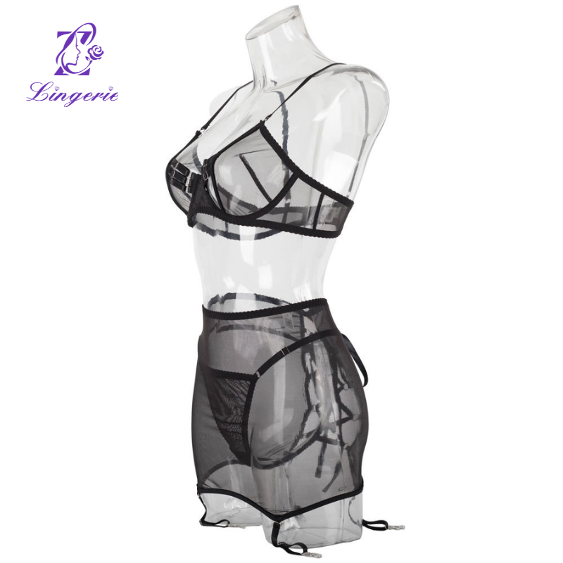 Mesh complex craft pants waist skirt garter buckle erotic lingerie with steel ring gathered three-piece set