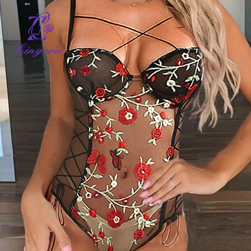 Lace mesh see-through embroidered strappy bodysuit