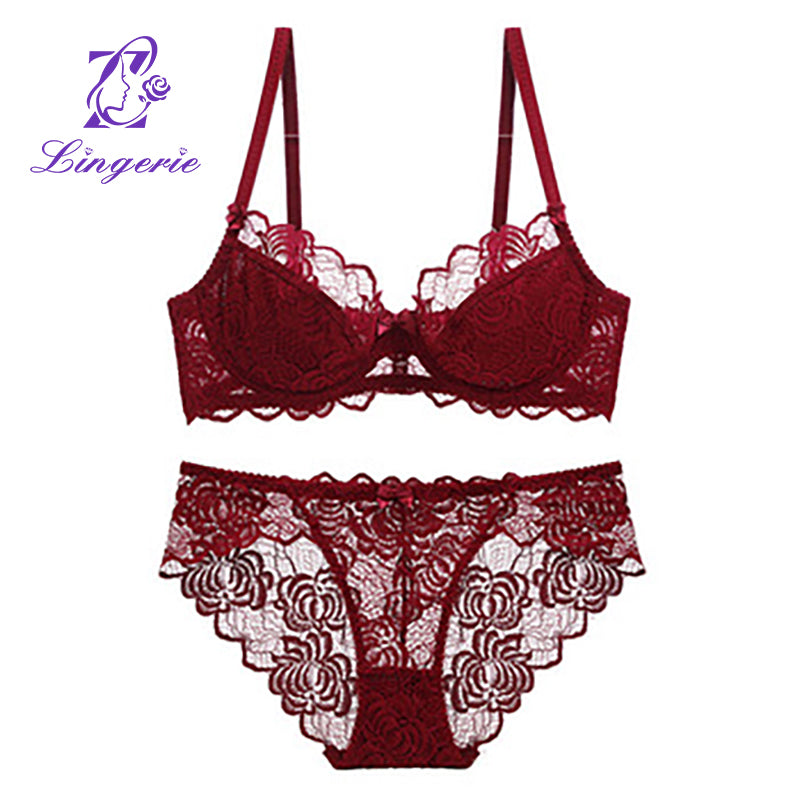 Factory Wholesale Large Size Underwear Women's Transparent Breathable Lace Anti-sagging Bra Set