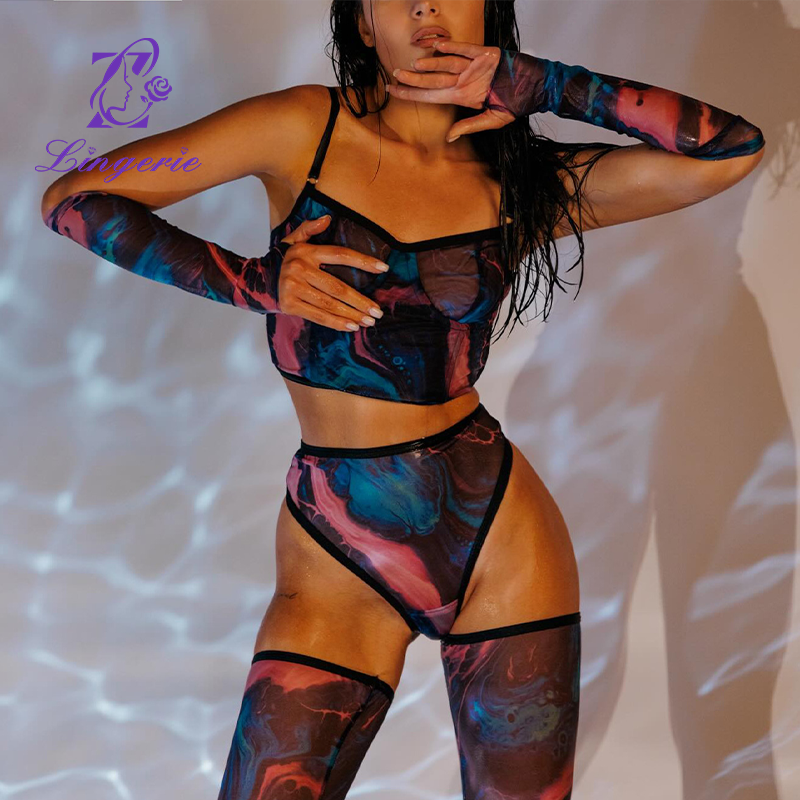 Tie Dye Erotic Lingerie 4 Piece Short Vest Gloves Stockings Party Sexy Outwear Set