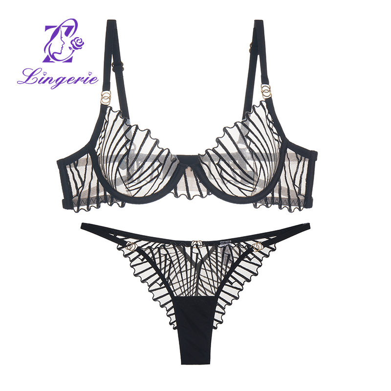 Underwear female ultra-thin hollow large breasts show small plus size bra set mesh embroidery sexy erotic underwear