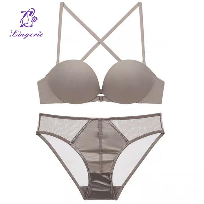 Glossy non-marking underwear front buckle backless cross back bra small breasts show large gathered bra set bra bra