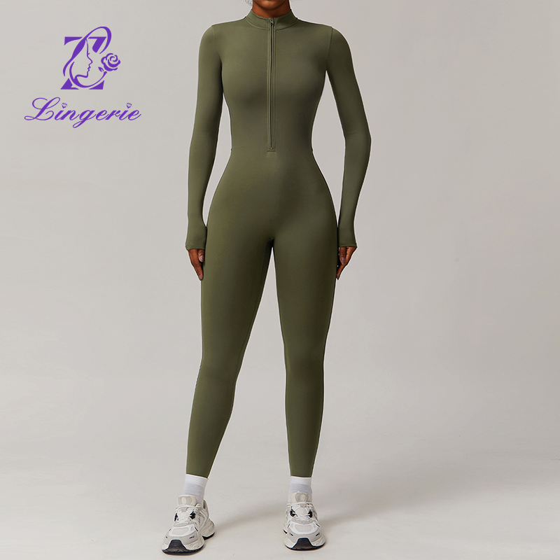 Zipper Nude Skinny Padded Yoga Bodysuit Outdoor Warm One Piece Running Fitness Wear
