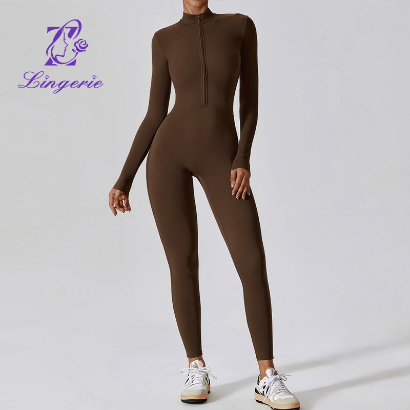 Zipper Nude Long Sleeve Yoga Bodysuit High Intensity Fitness Workout One Piece Leotard