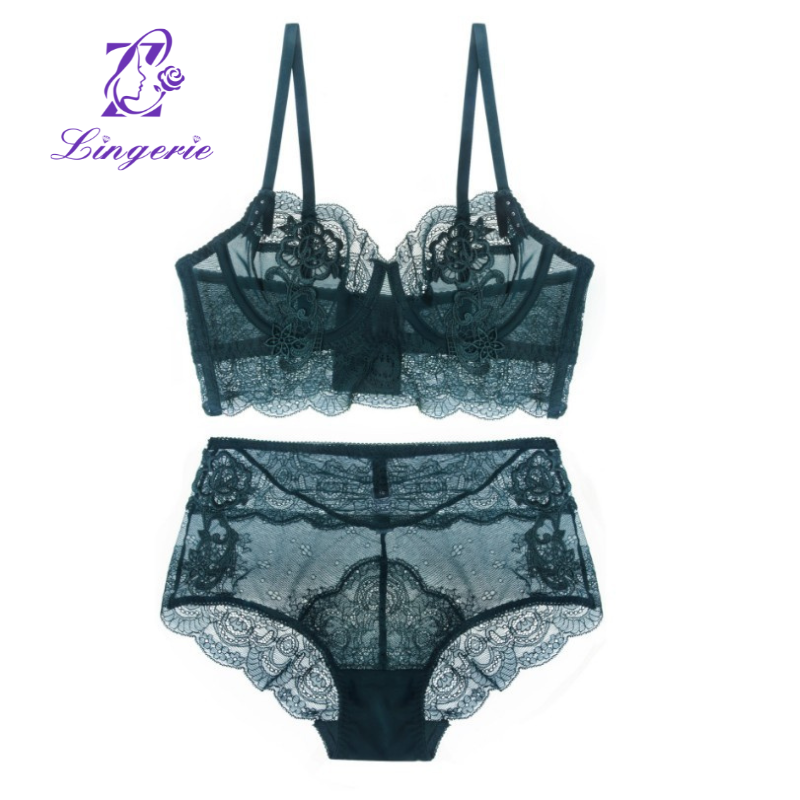 Sexy lace French lingerie set spongeless hollowed-out ultra-thin bra Small push-up bra set