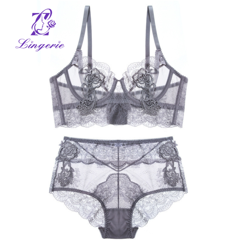 Sexy lace French lingerie set spongeless hollowed-out ultra-thin bra Small push-up bra set