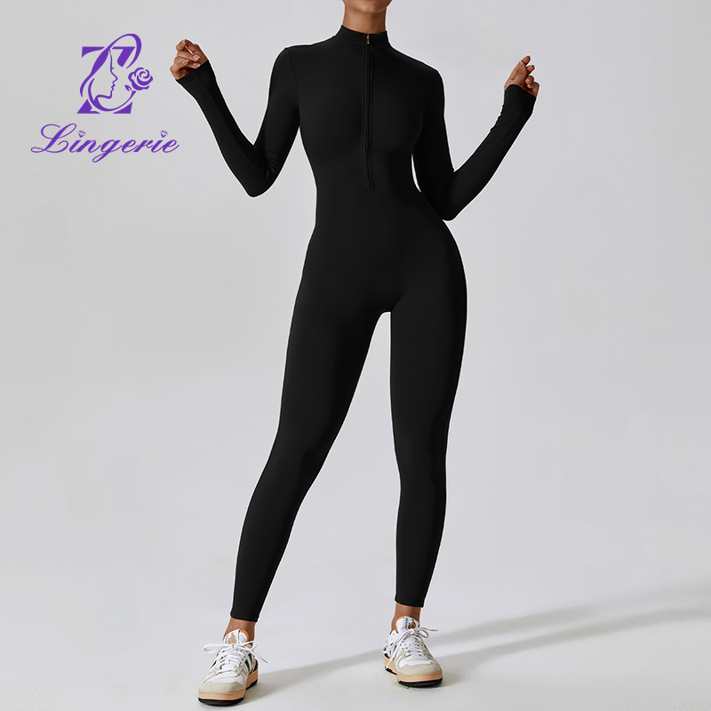 Zipper Nude Long Sleeve Yoga Bodysuit High Intensity Fitness Workout One Piece Leotard