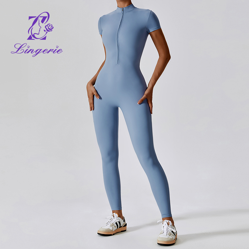 Zipper Short Sleeve Nude Yoga Bodysuit Women Outer Wear Fitness Sports One Piece Leotard