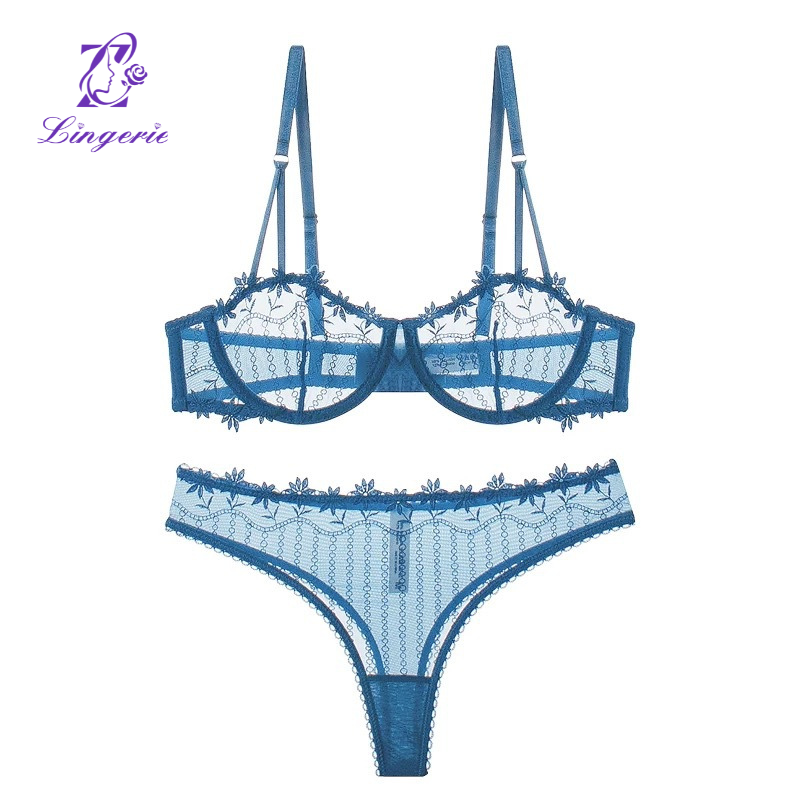Custom fashion bridel embroidered lace cup longline bra and mesh panties bra panty set for women