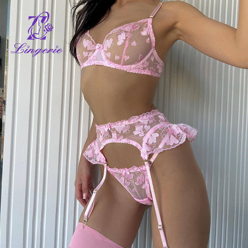 Heavy duty love heart embroidered teenage lace bow erotic lingerie garter belt 4 pcs set