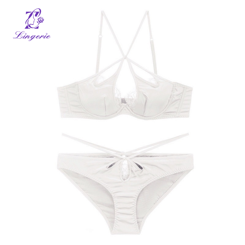 Sexy Satin Cross Back Lingerie Eyelash Lace Thin Bra Soft Steel Ring Gathering Bra Set