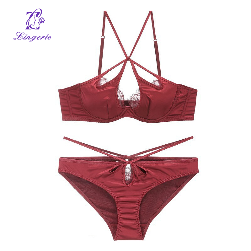 Sexy Satin Cross Back Lingerie Eyelash Lace Thin Bra Soft Steel Ring Gathering Bra Set