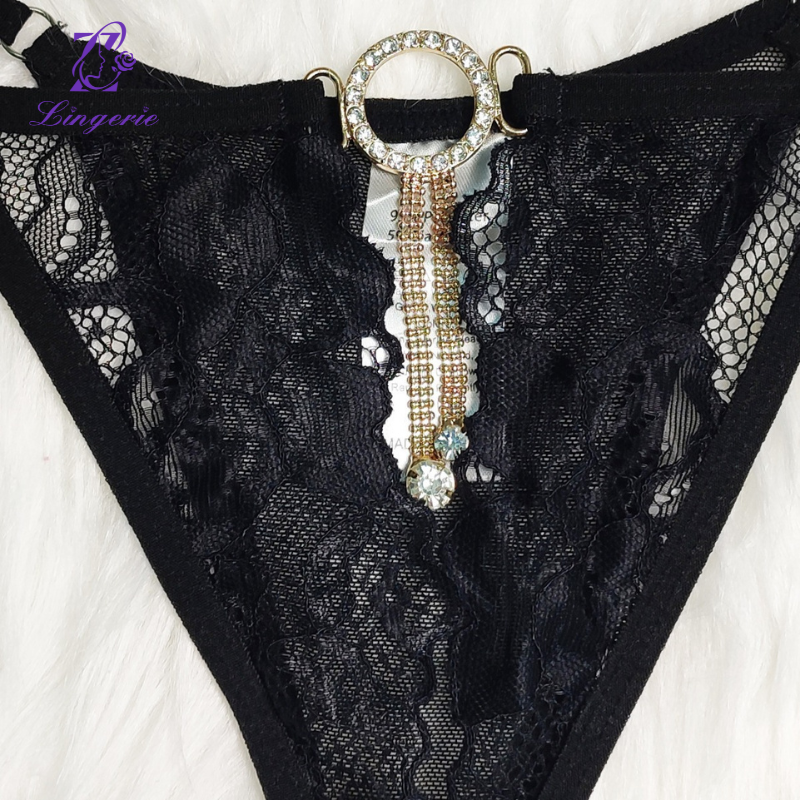 Open hollowed-out perspective diamond-studded thong black lace underwear for women