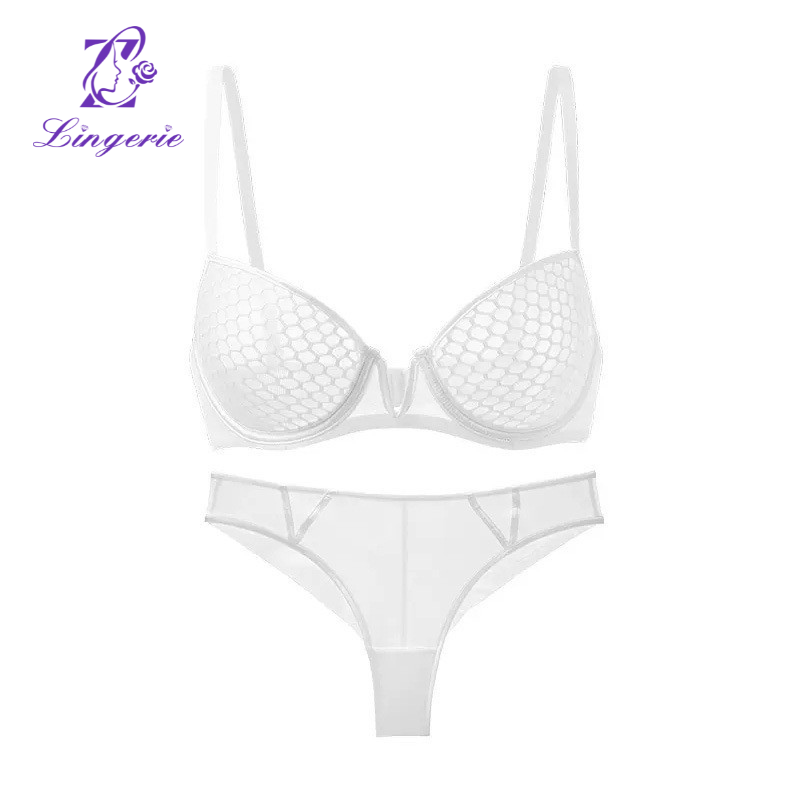French lace underwear sexy honeycomb pattern ultra-thin soft steel ring bra large breasts show small plus size bra set