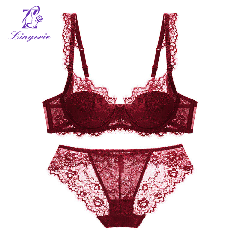 French lingerie women's sensual thin cotton transparent lace underwear large breasts show small anti-sagging large size bra set bra