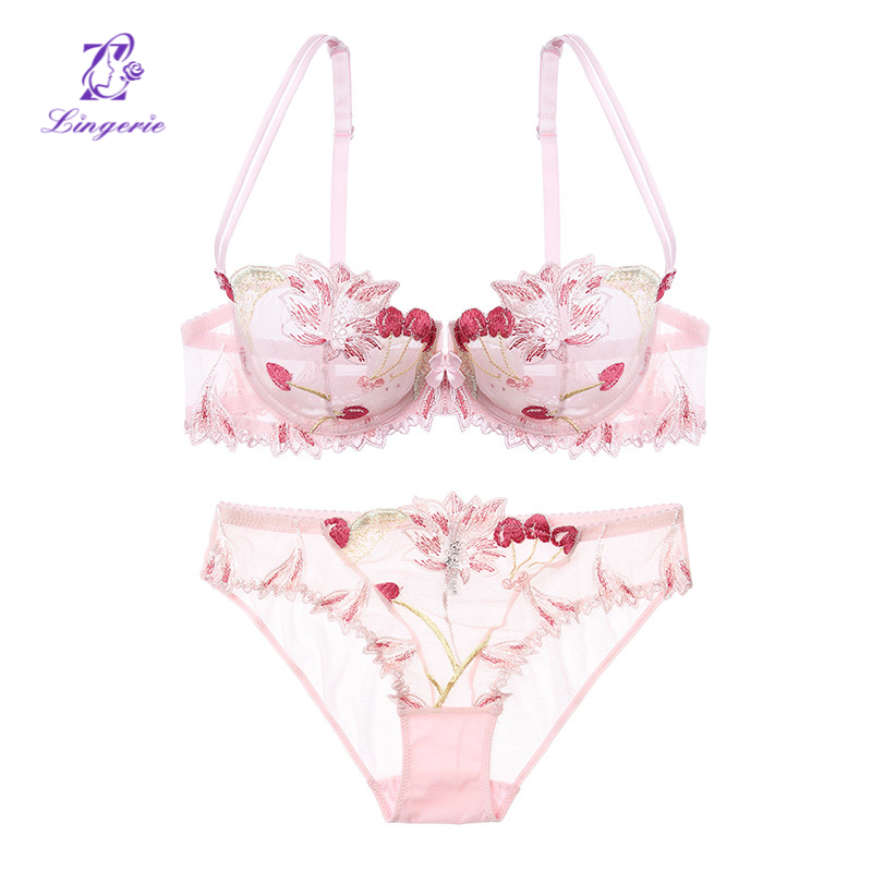 Sexy underwear French ultra-thin transparent mesh embroidered lace underwear large breasts show small big yards bra set