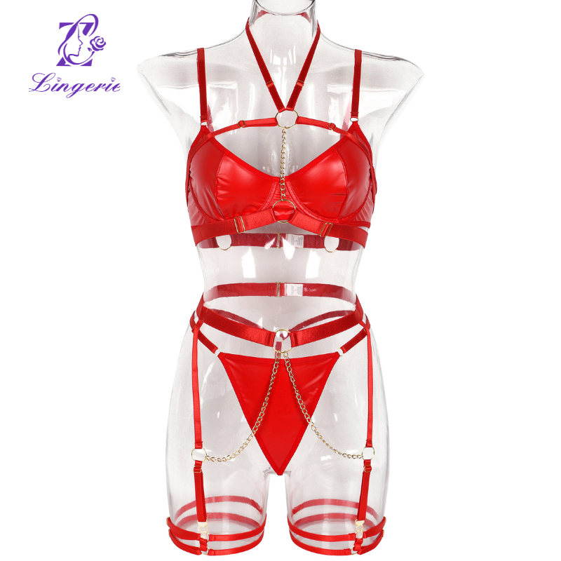 Lingerie Chain Hanging Neck Waistband Heavy Crafted Erotic Lingerie Three Piece Set