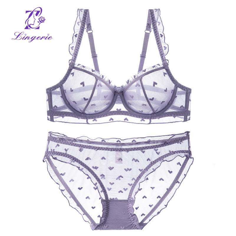 French summer ultra thin lace bra set with large breasts and small sag
