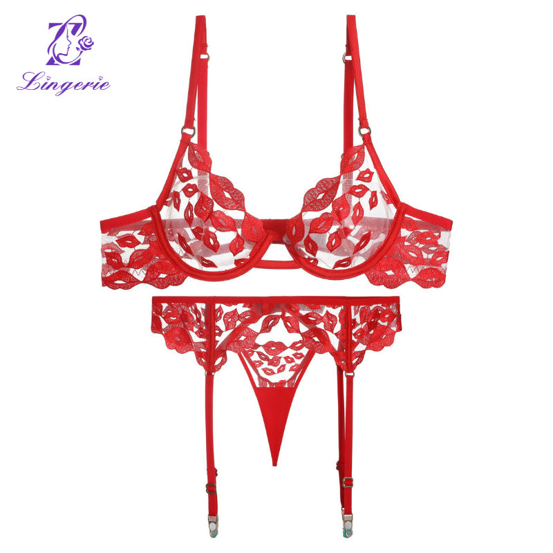 Sexy underwear ultra-thin red lips embroidered French underwear Valentine's Day gift large breasts show small big yards bra