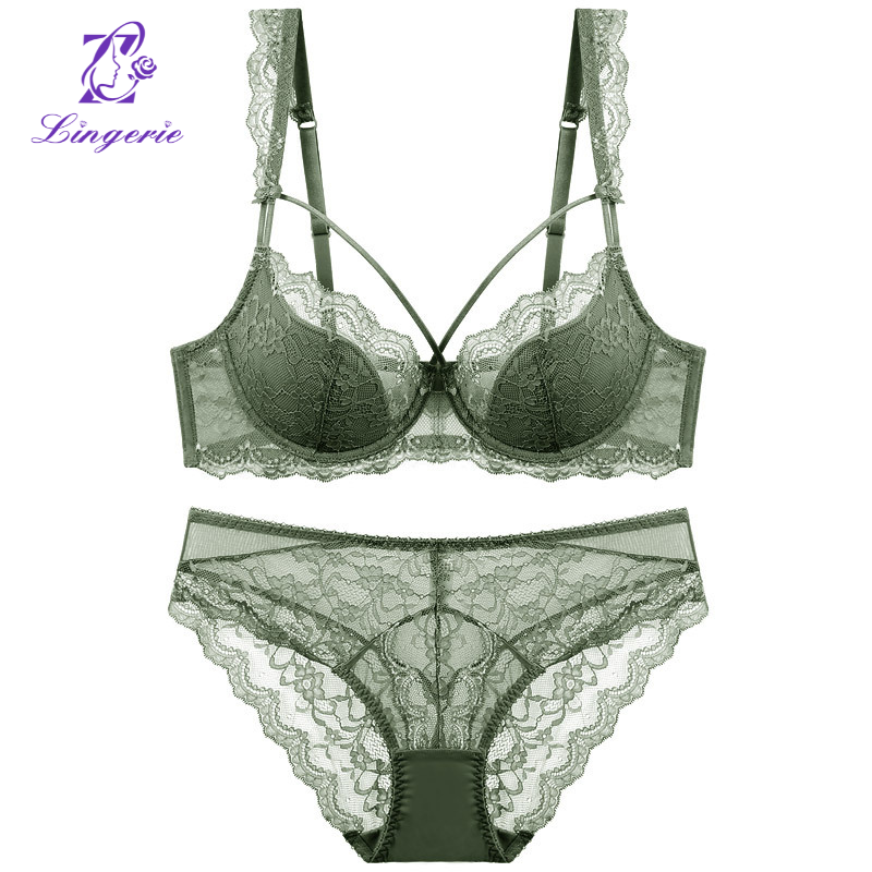 Sexy lace underwear female thin cotton large breasts show small large size underwear set of anti-sagging comfortable breathable bra