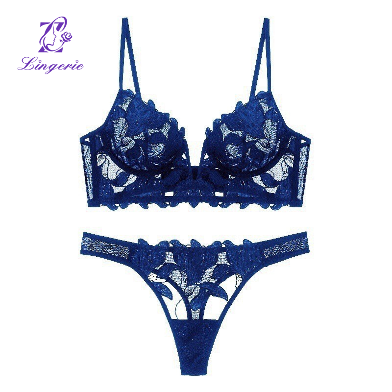 Sexy deep V embroidery lace underwear female ultra-thin large breasts show small anti-sagging bra suit bra