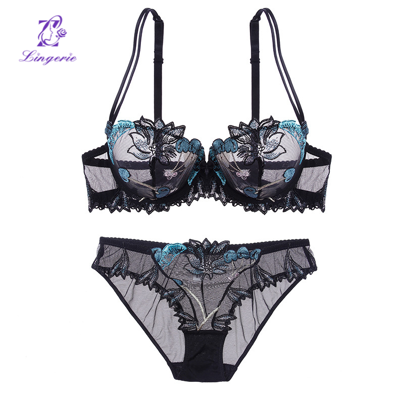 Sexy underwear French ultra-thin transparent mesh embroidered lace underwear large breasts show small big yards bra set