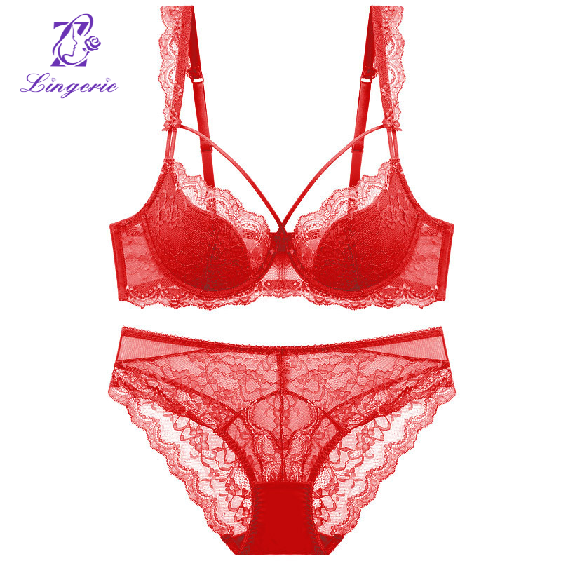 Sexy lace underwear female thin cotton large breasts show small large size underwear set of anti-sagging comfortable breathable bra