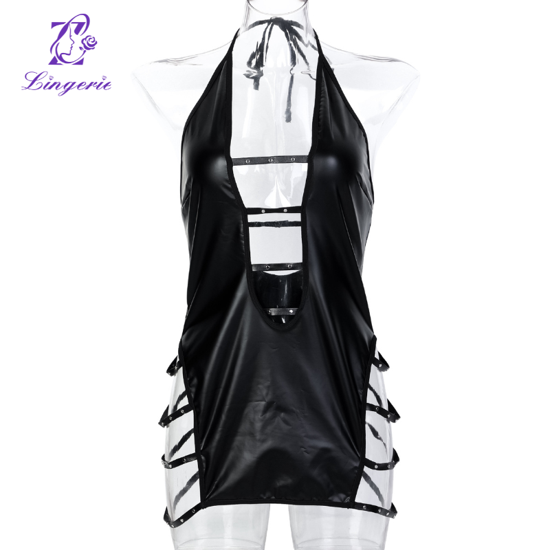 PU patent leather stare bead metal strap sexy deep V sexy nightdress