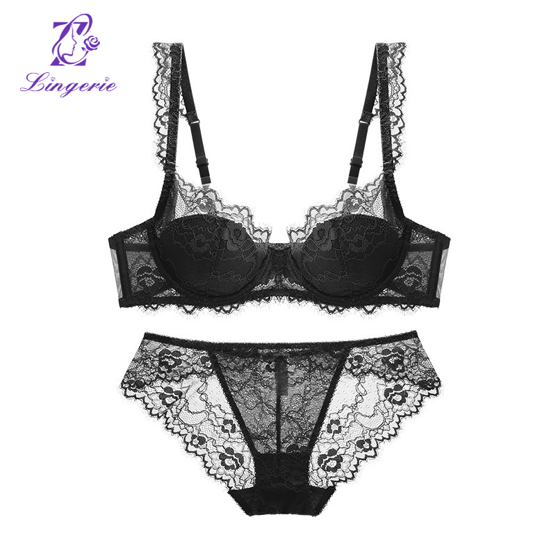 French lingerie women's sensual thin cotton transparent lace underwear large breasts show small anti-sagging large size bra set bra