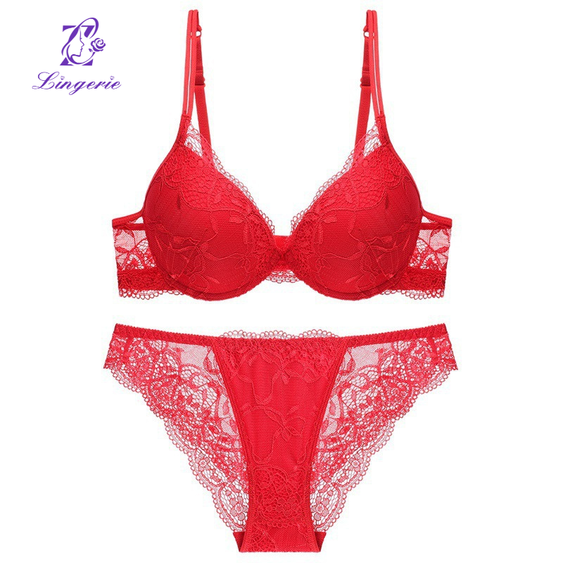 Sexy underwear deep V small breasts gathered bra anti-sagging natal year red lace bra set