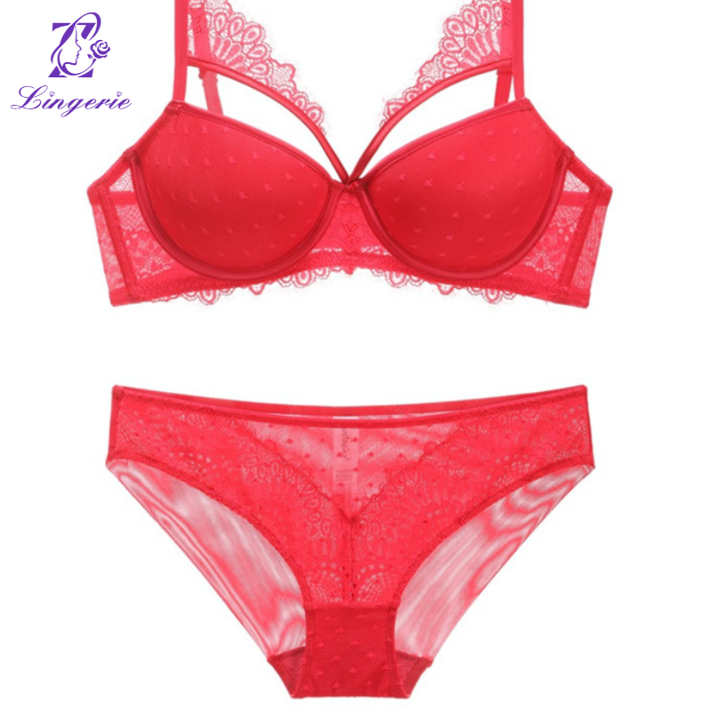 French deep V sexy lingerie women's upturned gather collect vice breasts bra on the thin bottom thick bra set