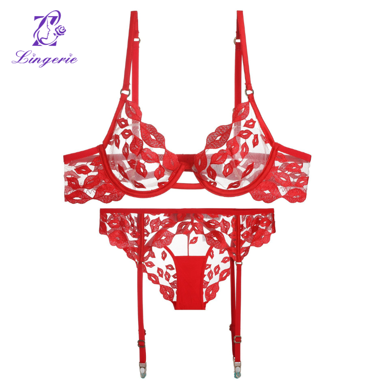 Sexy underwear ultra-thin red lips embroidered French underwear Valentine's Day gift large breasts show small big yards bra