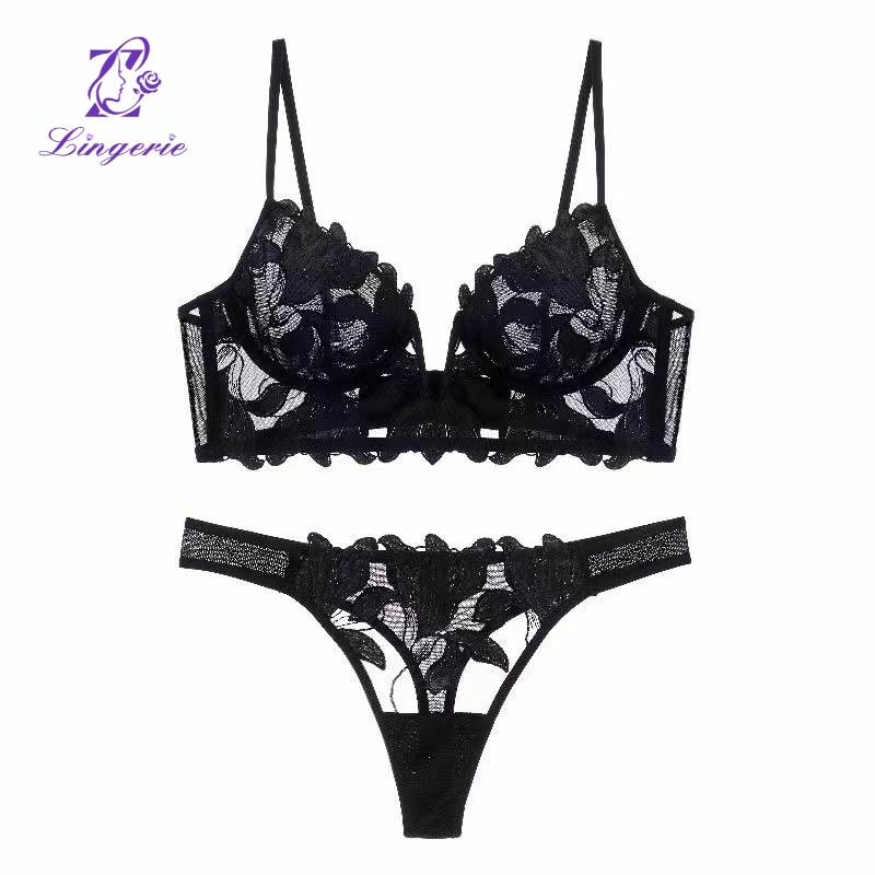 Sexy deep V embroidery lace underwear female ultra-thin large breasts show small anti-sagging bra suit bra