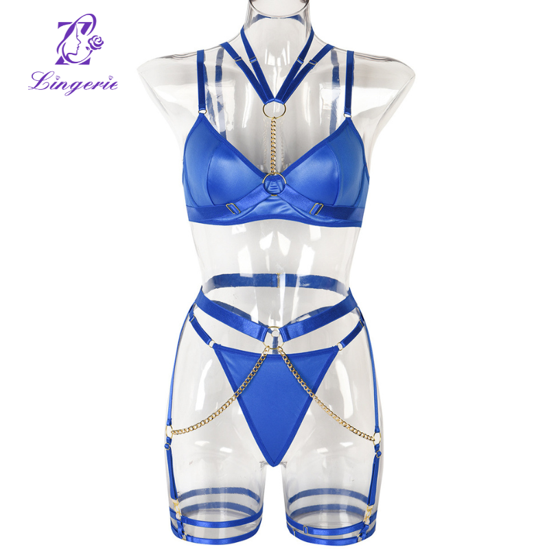 Lingerie Chain Hanging Neck Waistband Heavy Crafted Erotic Lingerie Three Piece Set