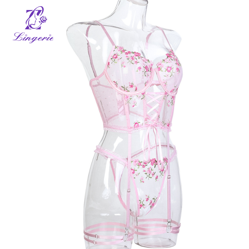 Pink Beautifully Embroidered Floral Sling Erotica Set of Three