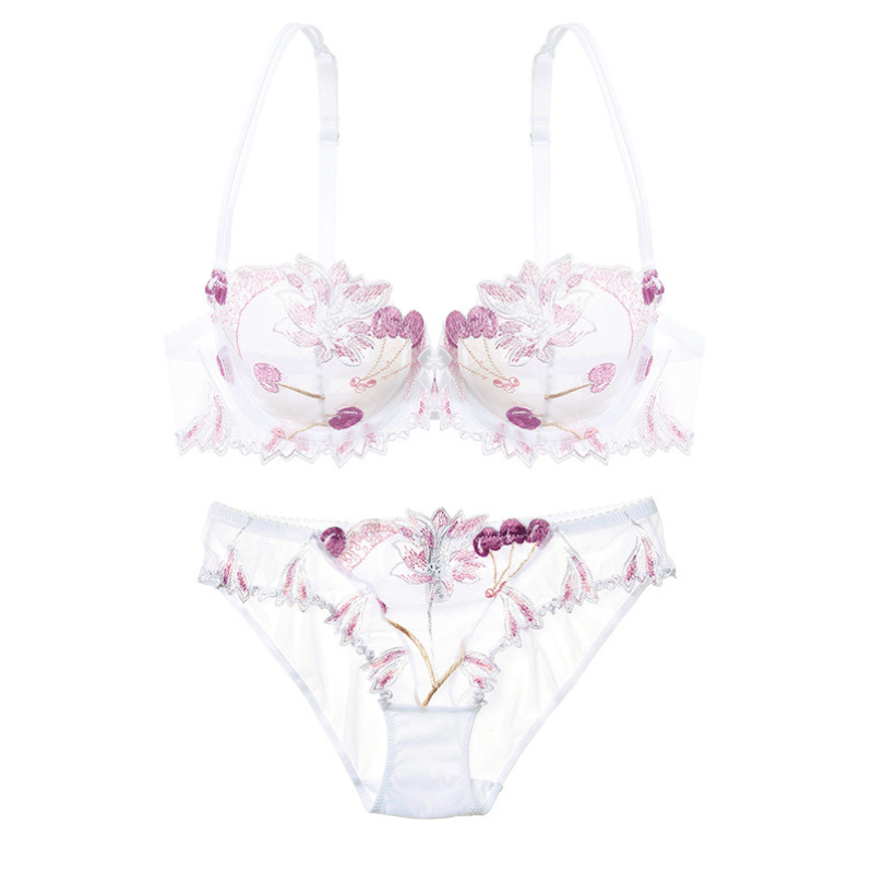 Sexy underwear French ultra-thin transparent mesh embroidered lace underwear large breasts show small big yards bra set