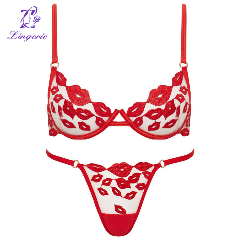 Sexy underwear ultra-thin red lips embroidered French underwear Valentine's Day gift large breasts show small big yards bra