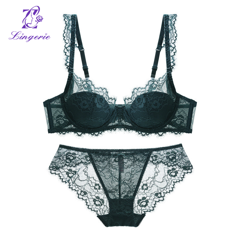 French lingerie women's sensual thin cotton transparent lace underwear large breasts show small anti-sagging large size bra set bra