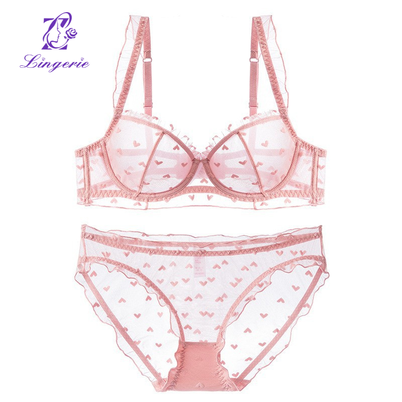 French summer ultra thin lace bra set with large breasts and small sag