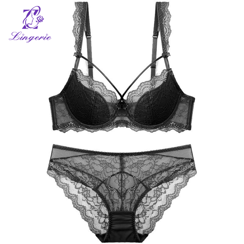 Sexy lace underwear female thin cotton large breasts show small large size underwear set of anti-sagging comfortable breathable bra