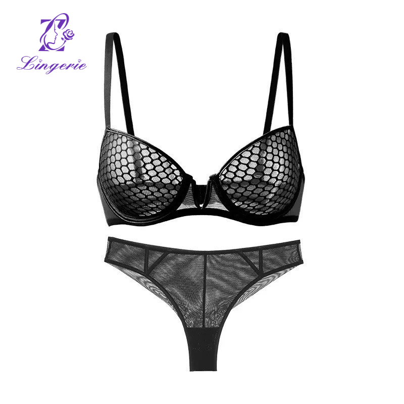 French lace underwear sexy honeycomb pattern ultra-thin soft steel ring bra large breasts show small plus size bra set
