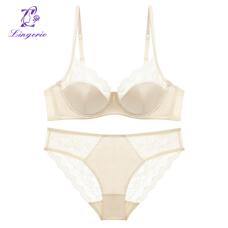Sexy thin color stitching lace underwear large chest small anti-sag large size bra set