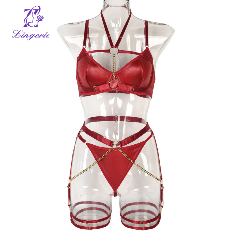 Lingerie Chain Hanging Neck Waistband Heavy Crafted Erotic Lingerie Three Piece Set