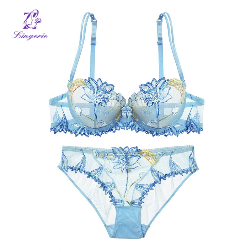 Sexy underwear French ultra-thin transparent mesh embroidered lace underwear large breasts show small big yards bra set