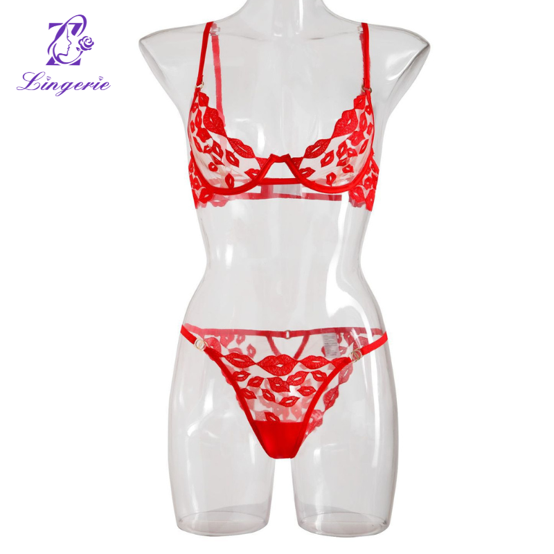 Sexy underwear ultra-thin red lips embroidered French underwear Valentine's Day gift large breasts show small big yards bra