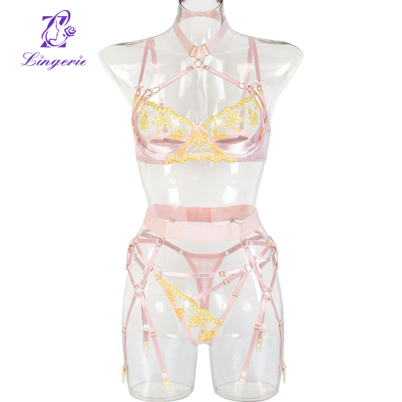 Hanging neck sexy skeleton satin splicing erotic three-piece set